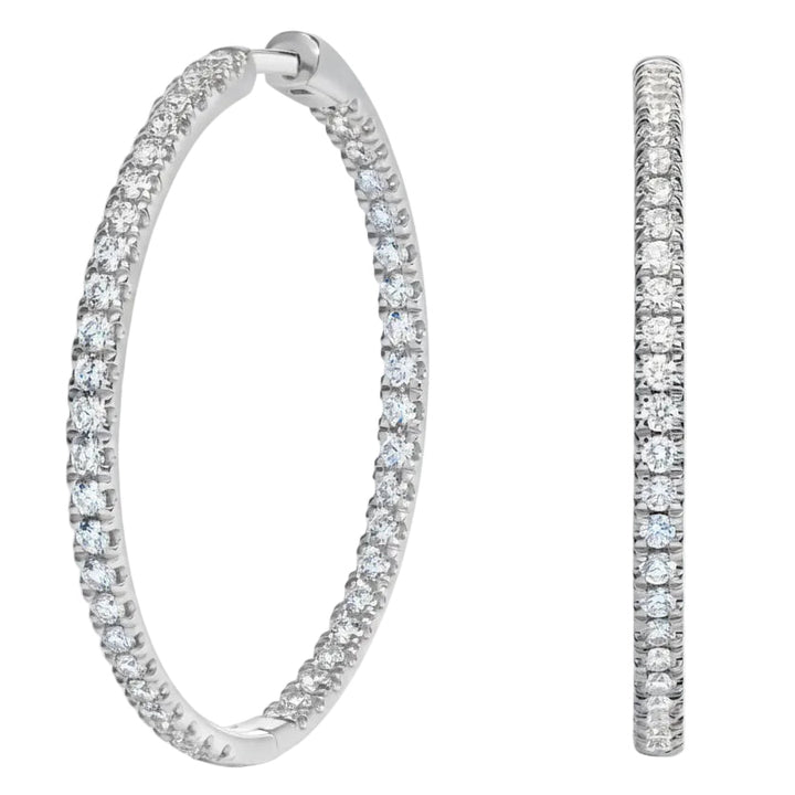 14k White Gold Large Double Side Hoop Natural Diamond Earrings