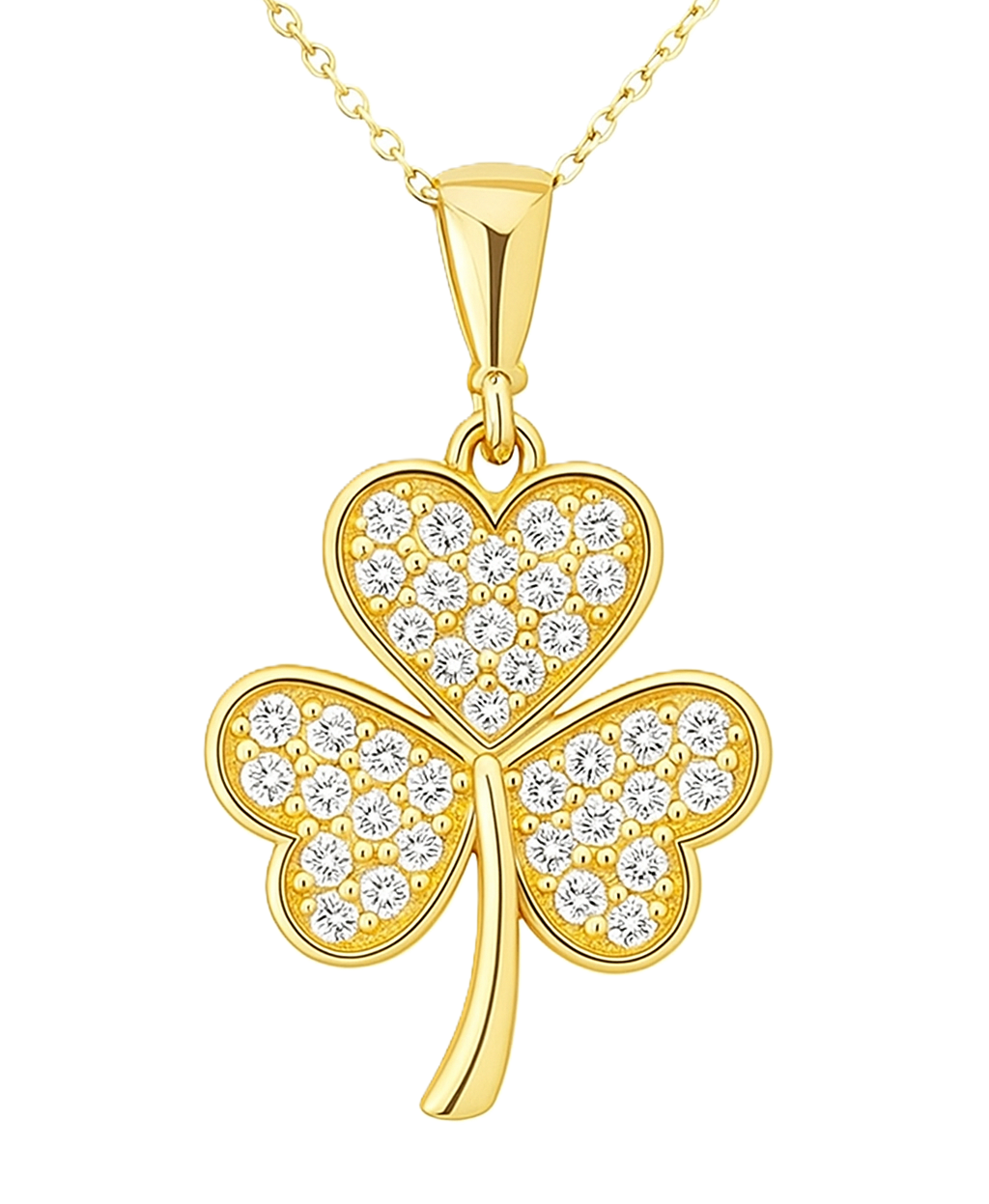 Yellow Gold  Necklace, Heart shape three leaf Flower Pendant  setting with Cubic Zirconia , 14k