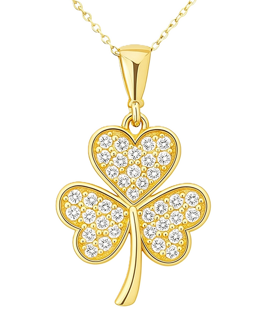 Yellow Gold  Necklace, Heart shape three leaf Flower Pendant  setting with Cubic Zirconia , 14k