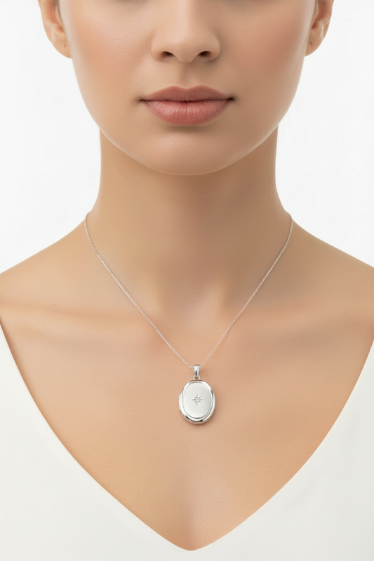 925 Sterling Silver Oval Starburst Locket Pendant