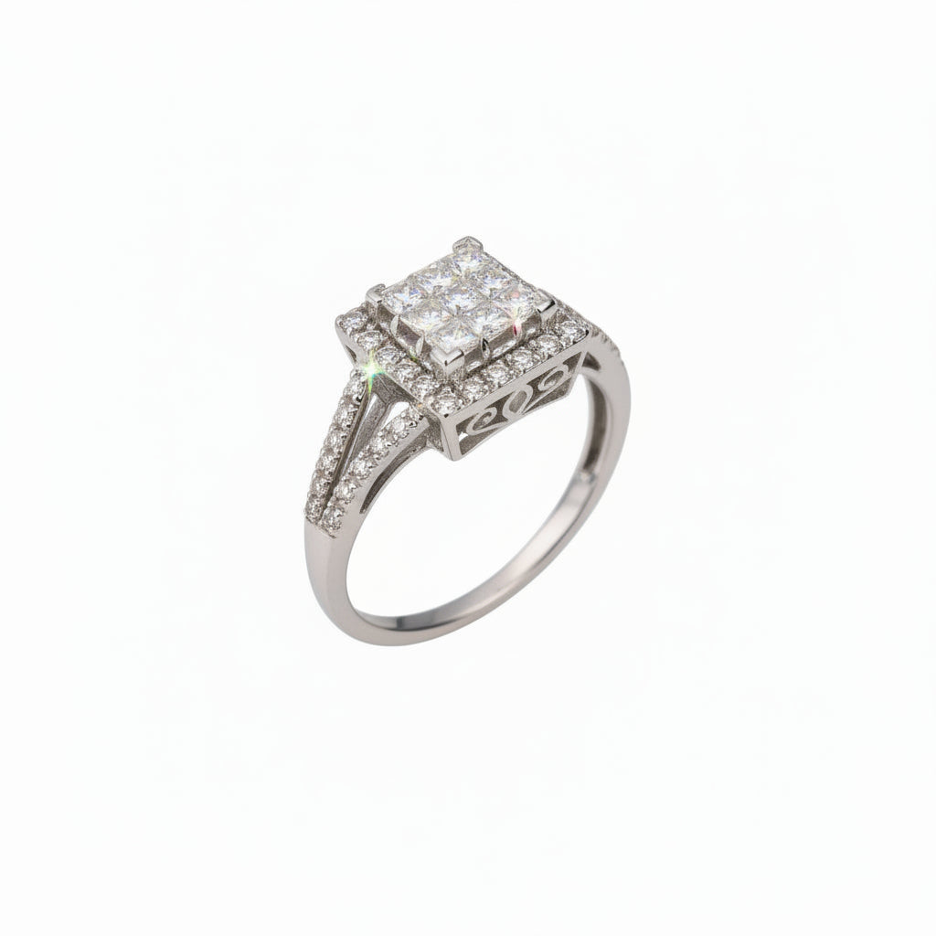 White Gold Princess-Cut Diamond Cluster Halo Split-Shank Ring.