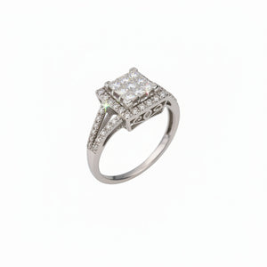 White Gold Princess-Cut Diamond Cluster Halo Split-Shank Ring.