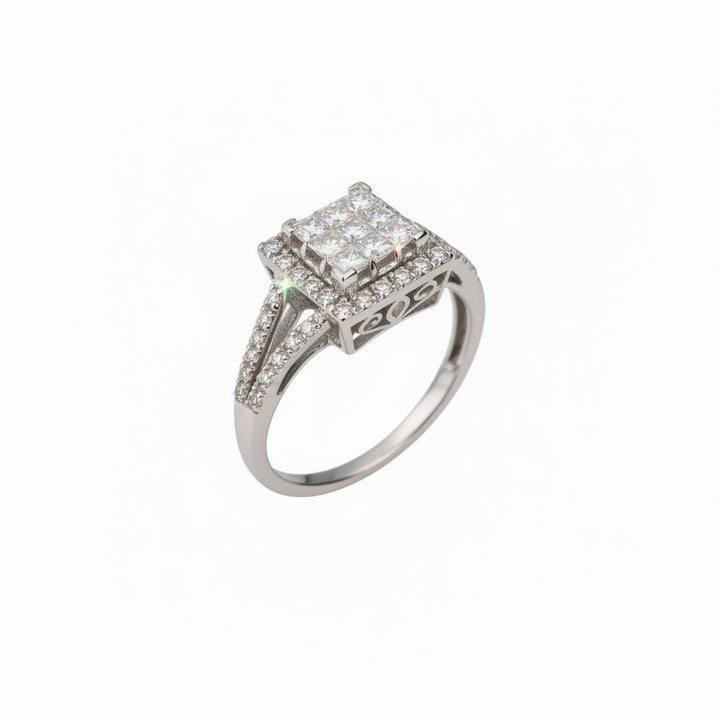 18k White Gold Princess-Cut Diamond Cluster Halo Split-Shank Ring.