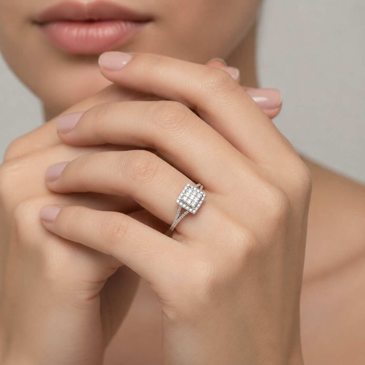 White Gold Princess-Cut Diamond Cluster Halo Split-Shank Ring.
