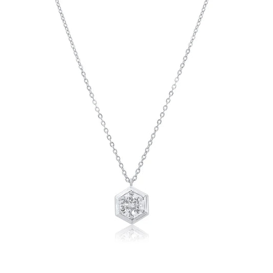 Certified GRA 925 Sterling Silver Rhodium Plated Round Moissanite Hexagon Frame Adjustable Pendant Necklace