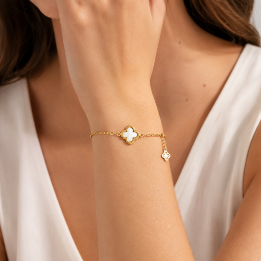 18K Yellow Gold White Enamel Clover Bracelet