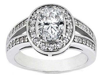 Micro-Pavé  Set Split Shank Oval Moissanite Diamond Halo Engagement Ring.