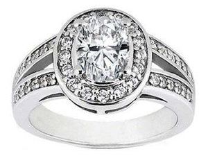Micro-Pavé  Set Split Shank Oval Moissanite Diamond Halo Engagement Ring.