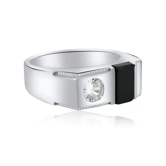 Sterling Silver 925 Rhodium Plated Flat Onyx Ring with CZ