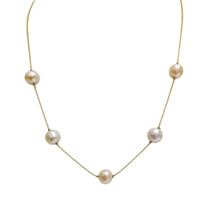 18K Yellow Gold Station Freshwater Pearl Necklace. gold