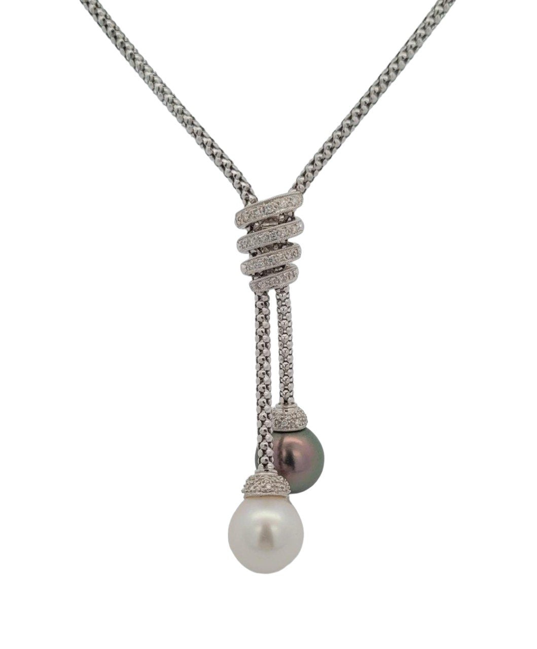 White Gold Classic Salt Water 12mm Tahitian Black and White Pearl and Diamond Necklace. 18k 19.3gr TDW: 0.84ct