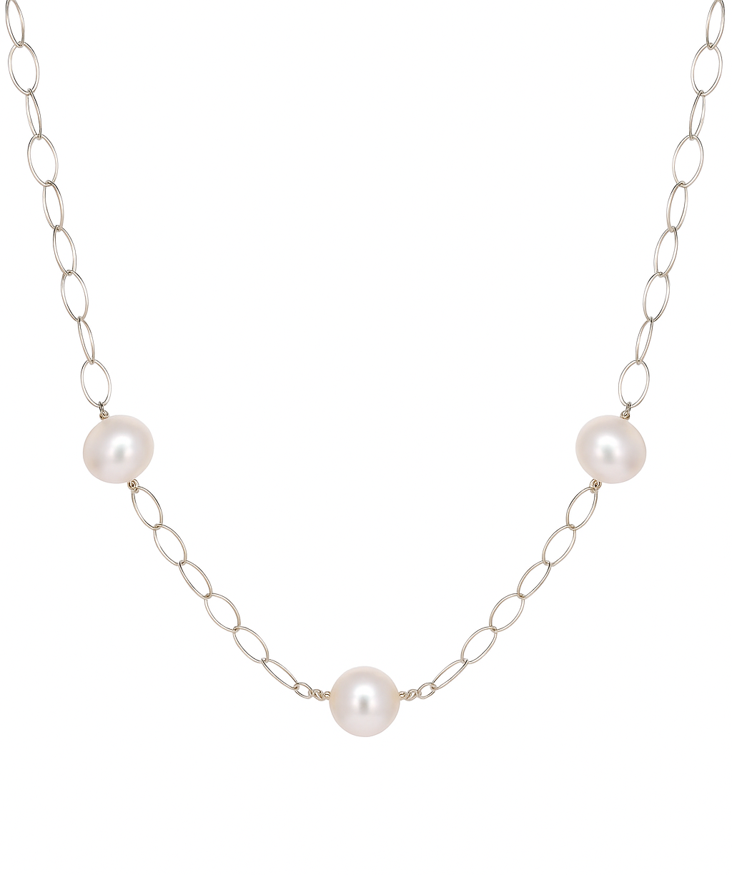 White Gold Station Necklace With Salt Water Pearls, 14k, 28Inches
