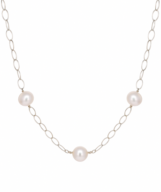 White Gold Station Necklace With Salt Water Pearls, 14k, 28Inches