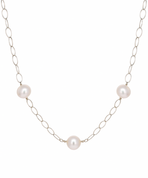 White Gold Station Necklace With Salt Water Pearls, 14k, 28Inches