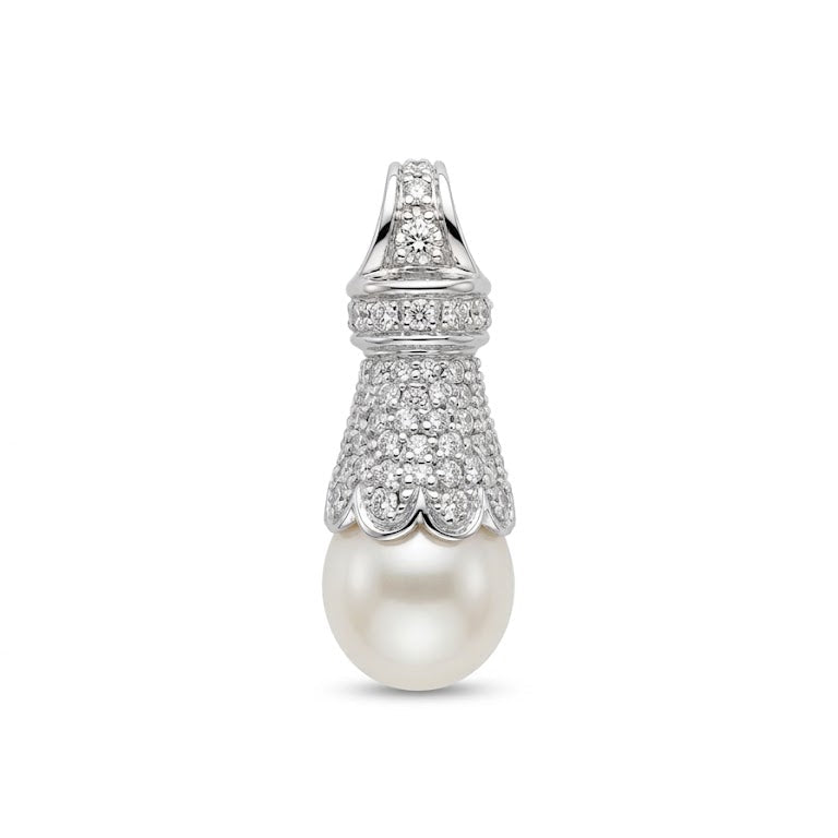 18K Vintage White Gold Pavé Setting Diamond and Pear Shape Pearl Pendant.
