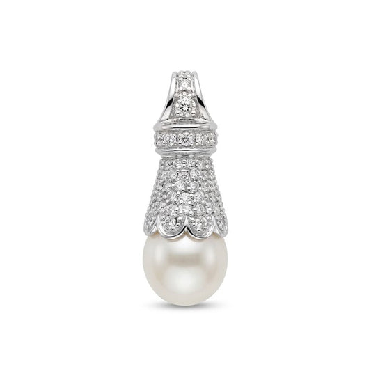 18K Vintage White Gold Pavé Setting Diamond and Pear Shape Pearl Pendant.