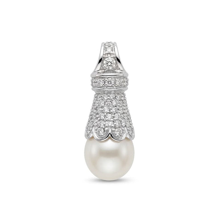 18K Vintage White Gold Pavé Setting Diamond and Pear Shape Pearl Pendant.