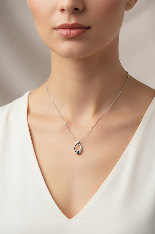 10K White Gold Teardrop Sapphire & Diamond Accent Pendant Necklace.