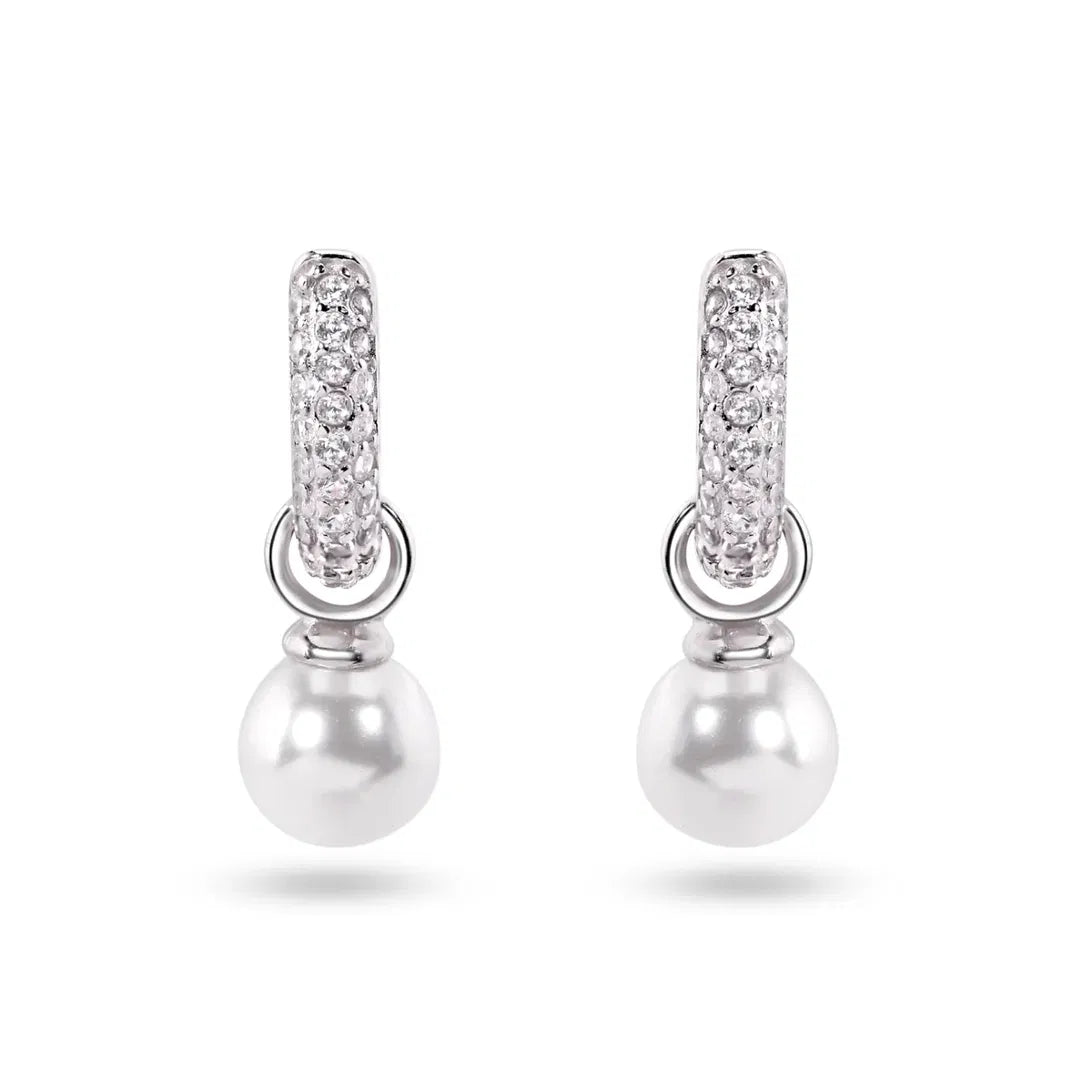 925 Sterling Silver Rhodium Plated Pearl Drop CZ Hoop Earrings