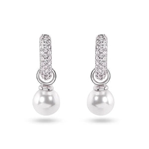 925 Sterling Silver Rhodium Plated Pearl Drop CZ Hoop Earrings