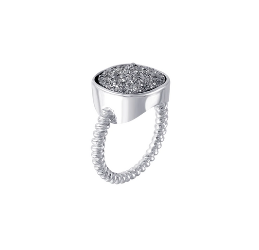 925 Sterling Silver Rhodium-Plated Square Drusy Gemstone Ring