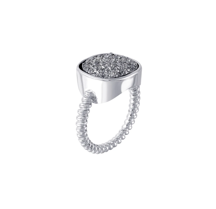 925 Sterling Silver Rhodium-Plated Square Drusy Gemstone Ring