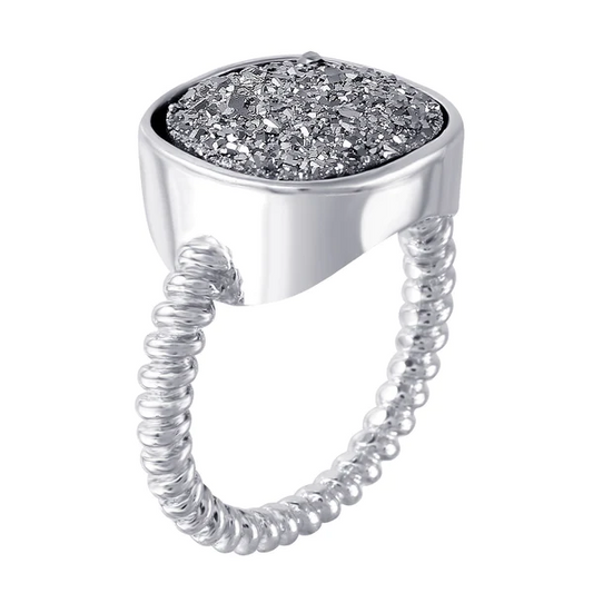 Silver Rhodium Plated Ring with Square Druzy Gemstone
