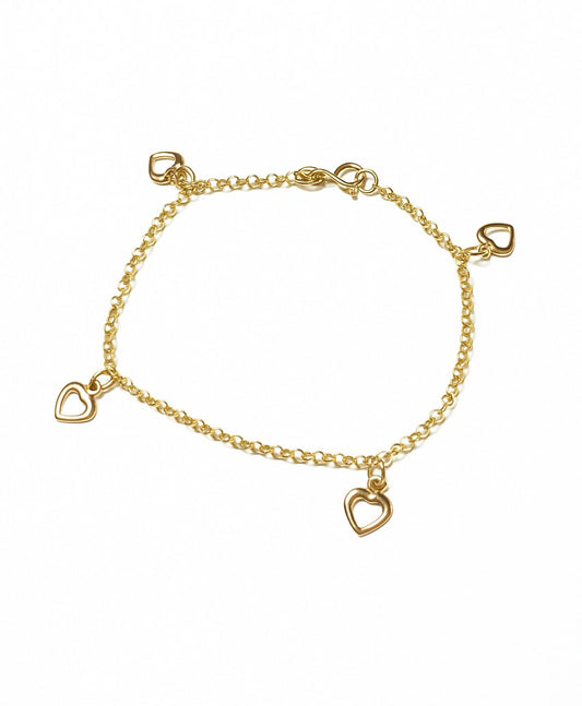 Yellow Gold Cable Chain Bracelet with Open Heart Charms, 18k, 4.2gr, 7inch