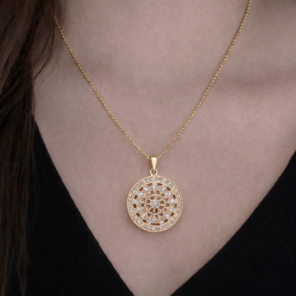 14K EFFY Yellow Gold Diamond Milgrain Mandala Pendant Necklace. TDW: 0.25ct – Resale