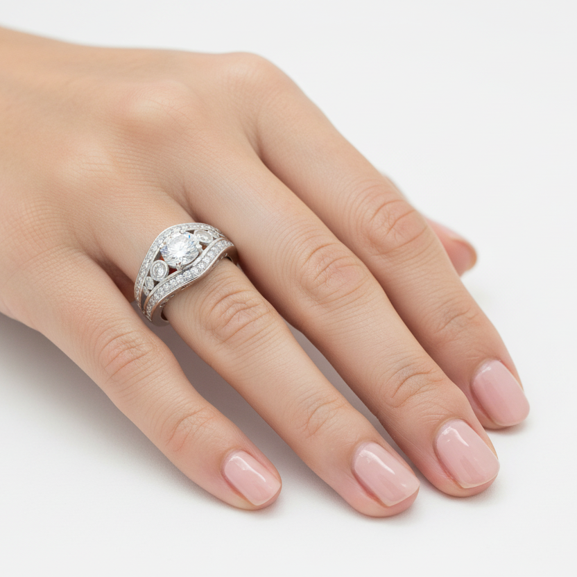Sterling Silver Bypass CZ Ring with Bezel Accents