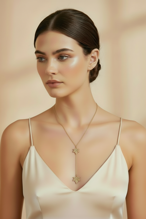 Yellow Gold Necklace Y shape with two leaves pendants, 14k