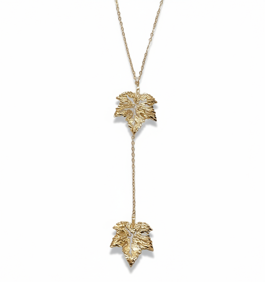 Yellow Gold Necklace Y shape with two leaves pendants, 14k, 1.65 gr, 16 to 18 inches