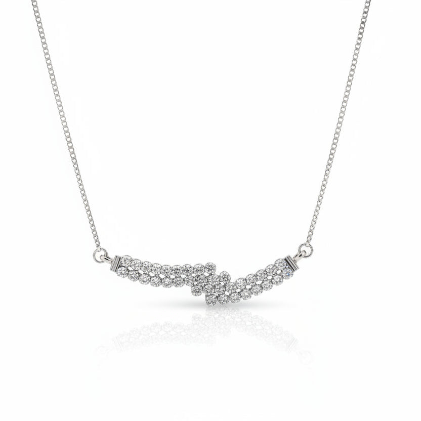 14K Vintage White Gold Diamond Wave Necklace – Pavé Cluster Curved Bar Design.