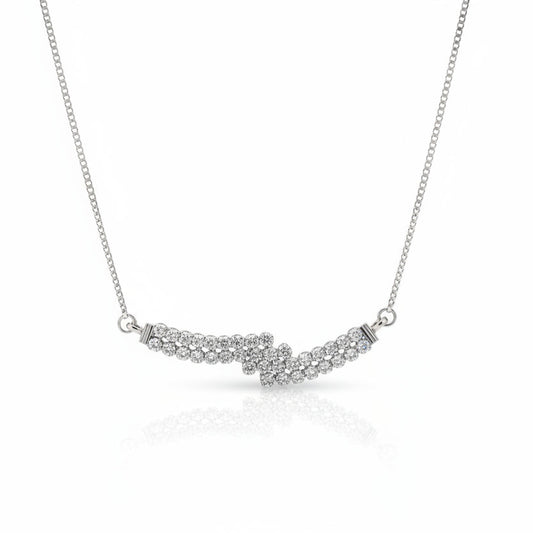 14K Vintage White Gold Diamond Wave Necklace – Pavé Cluster Curved Bar Design.