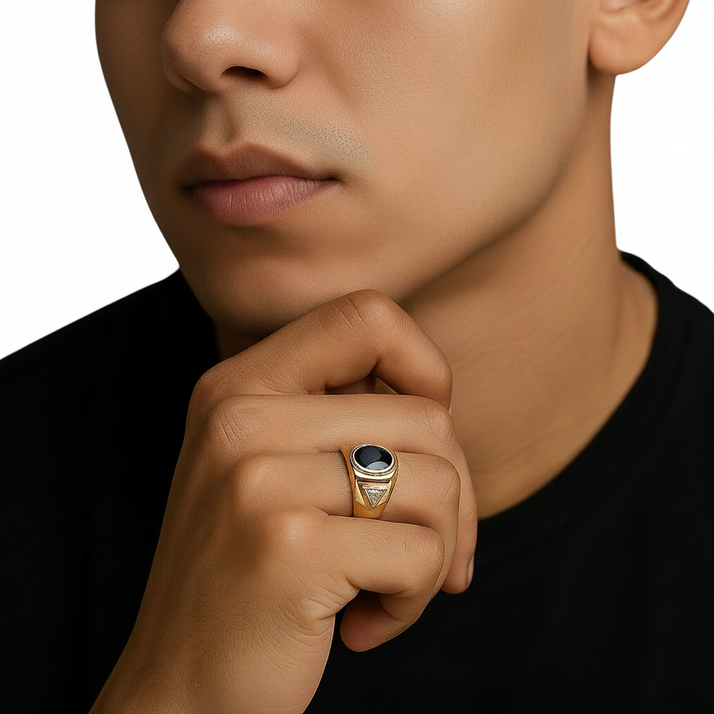 10K Vintage Yellow Gold Men's Dark CZ and Diamond Ring