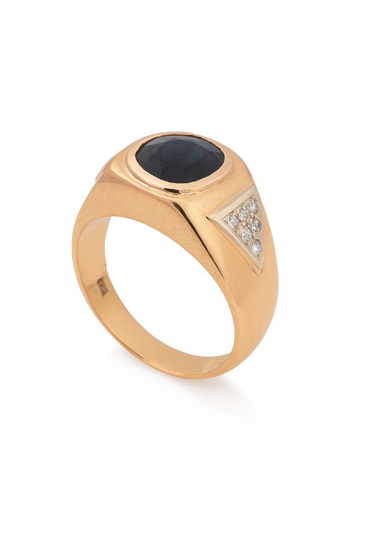 Vintage Yellow Gold Men's Dark Blue Zircon and Diamond Ring. 10k,  TDW: 0.12ct