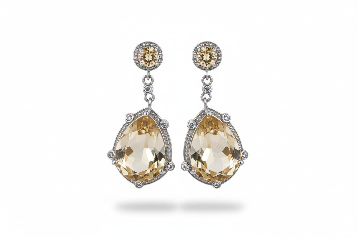 Sterling Silver Dangling Earrings with Yellow Crystal