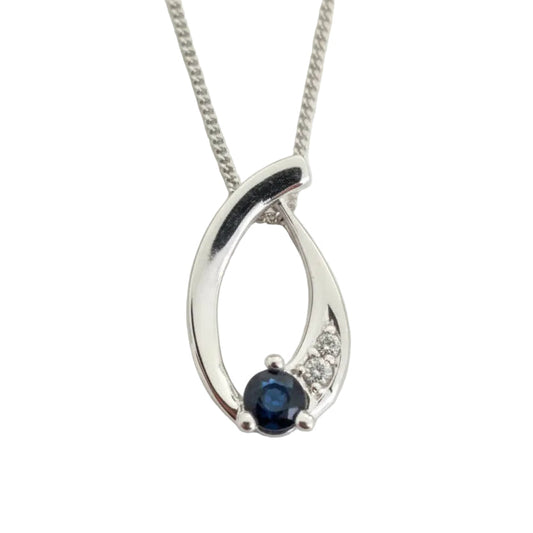 10K White Gold Teardrop Sapphire & Diamond Accent Pendant Necklace.