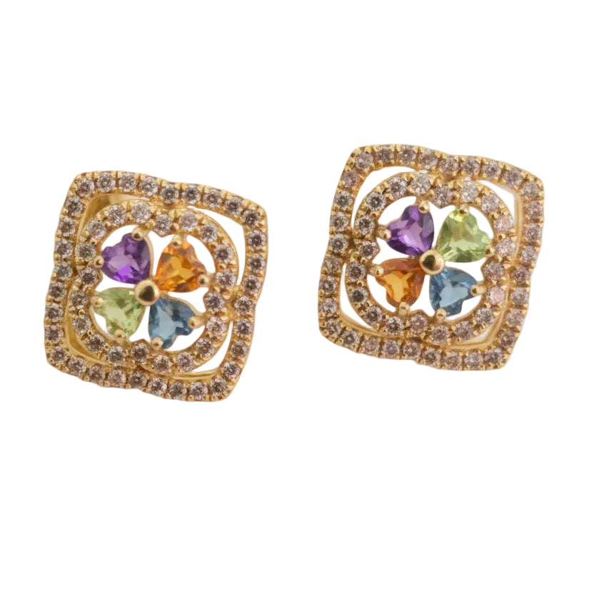 18K Yellow Gold Multi – Gemstone and Diamond Earrings.