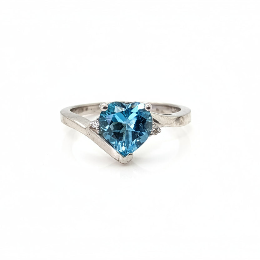 925 Sterling Silver Heart Cut Blue Topaz and Diamonds Ring