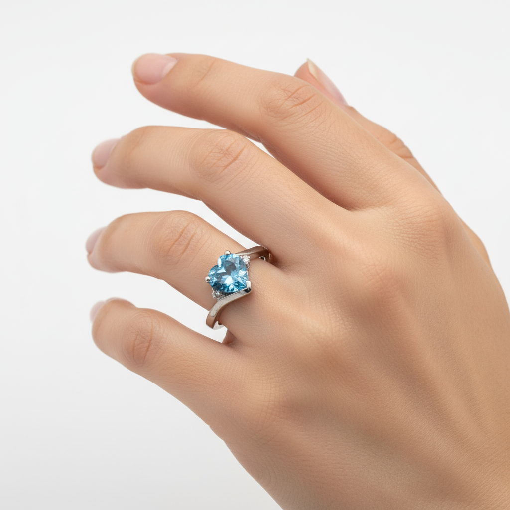 925 Sterling Silver Heart Cut Blue Topaz and Diamonds Ring