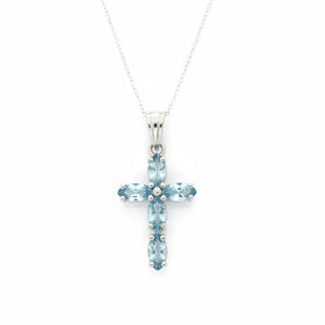 Sterling Silver Blue Cubic Zirconia Marquise Cross Pendant Necklace