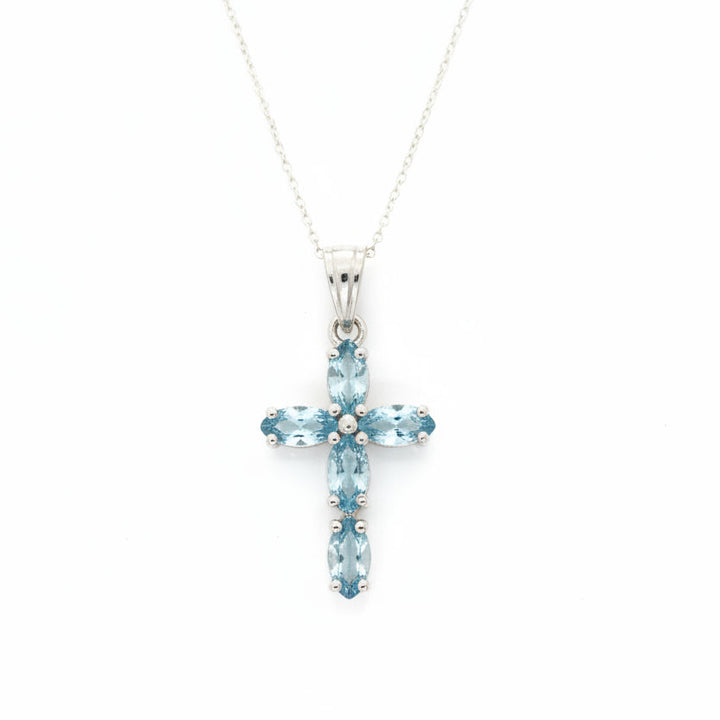 Sterling Silver Blue Cubic Zirconia Marquise Cross Pendant Necklace