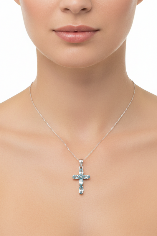 Sterling Silver Blue Cubic Zirconia Marquise Cross Pendant Necklace