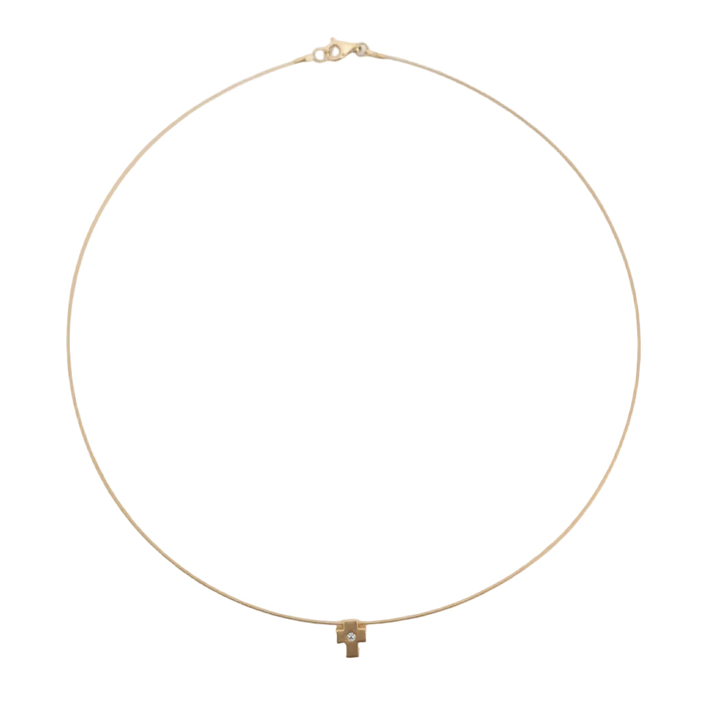 10k Yellow Gold Minimalist Diamond Cross Choker Necklace.