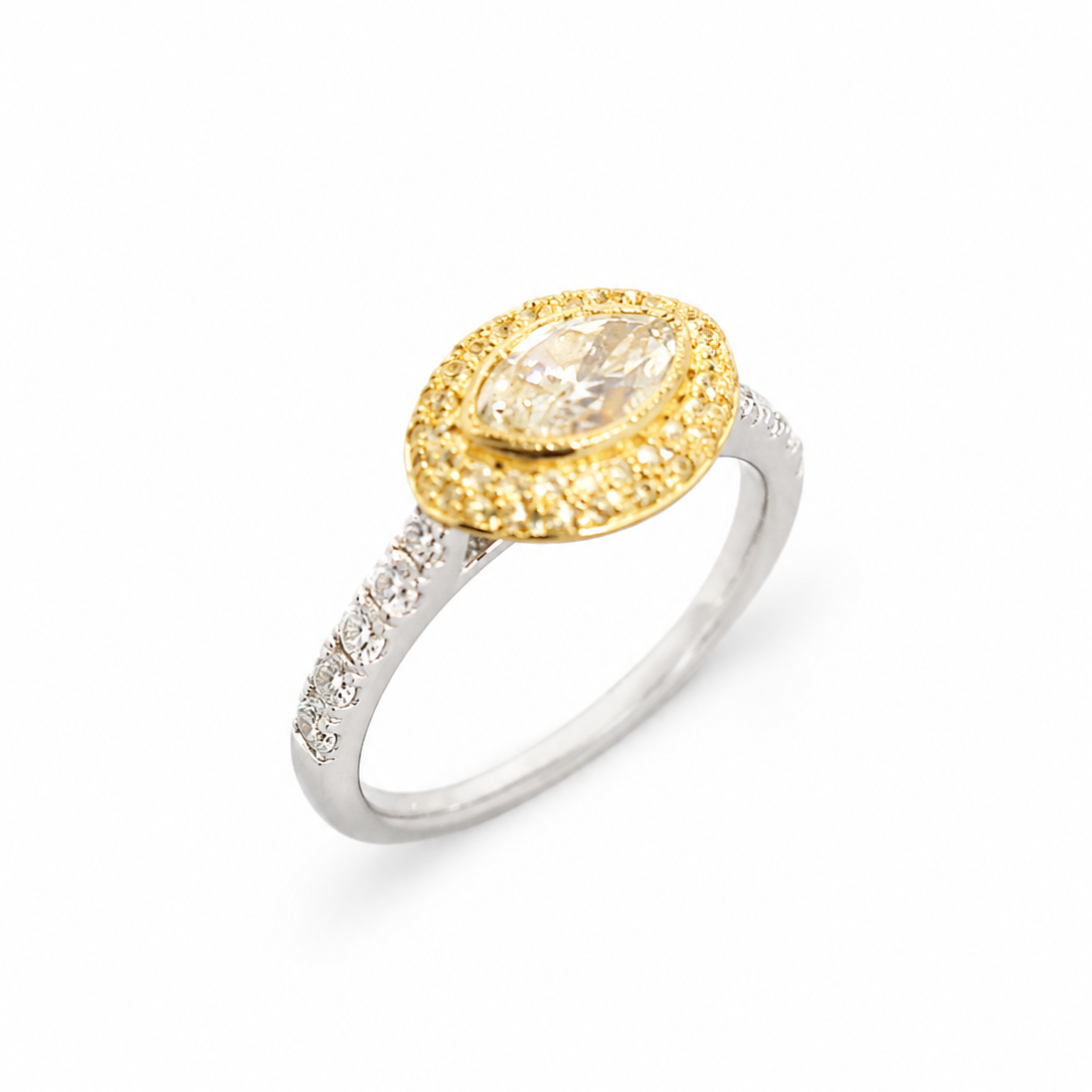 18k GIA Certified Two-Tone Marquise Cut Fancy Yellow Diamond Halo Engagement Ring.