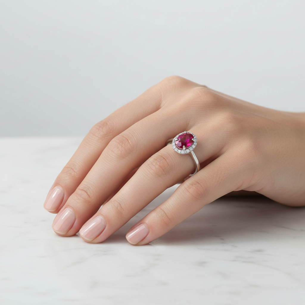 White Gold Halo Setting Oval Shape Ruby and Diamond Ring. 14k R: 1.14ct TDW: 0.11ct