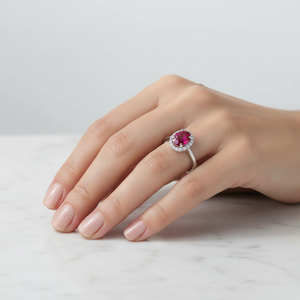 White Gold Halo Setting Oval Shape Ruby and Diamond Ring. 14k R: 1.14ct TDW: 0.11ct