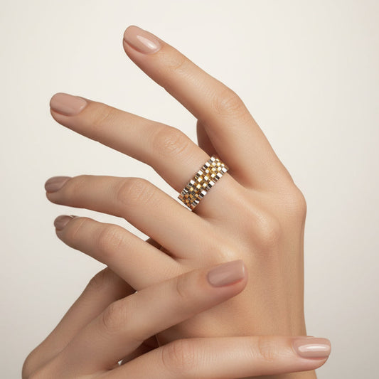 18K Two-tones Yellow and White Gold Rolex Style Chain Ring.