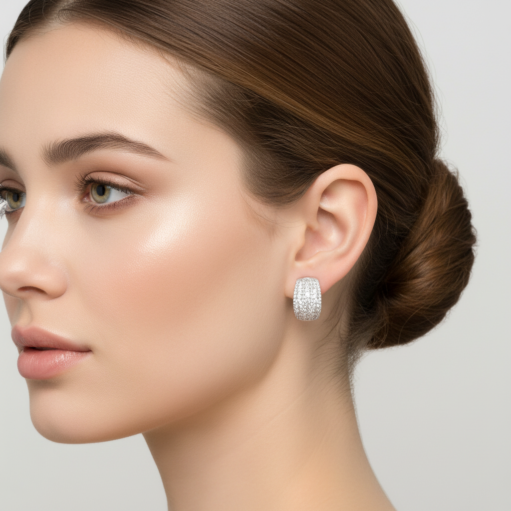 CZ Multi Row Pavé Huggie Earrings in 925 Sterling Silver.